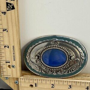 Vintage Silver Tone Western Belt Buckle Blue Stone Green Enamel Oval